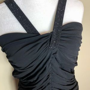 ARMANI COLLEZIONI Black CRYSTALS “V” Strap JERSEY Draped MIDI Dress NWT Size 12